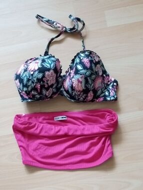 💲1   ❤▶Fashion Nova Black Floral Push-Up Bikini Top 34DD with Pink Bandeau Med